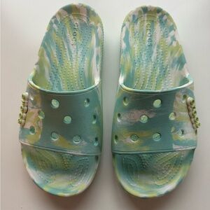CROCS Unisex Slide Sandals - Aqua and White. Men’s size 8. Women’s size 10.